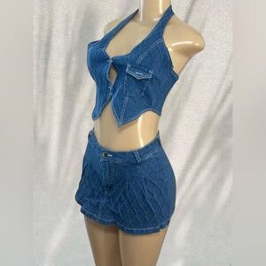 Denim Two-Piece Set | Halter Crop Top & High-Waisted Shorts 💙✨